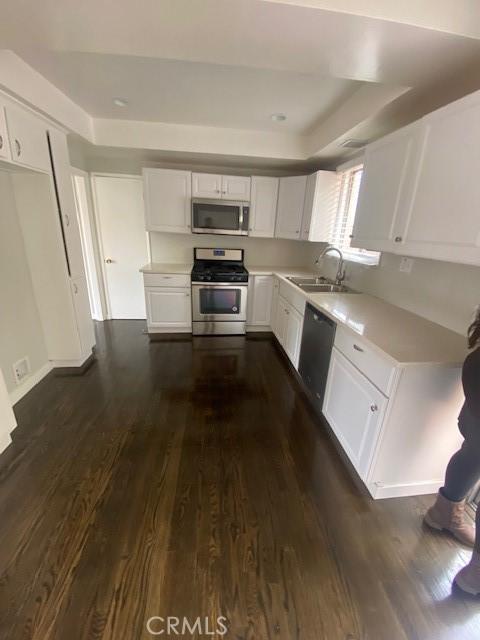 kitchen with white cabinetry, dark wood-type flooring, and stainless steel appliances