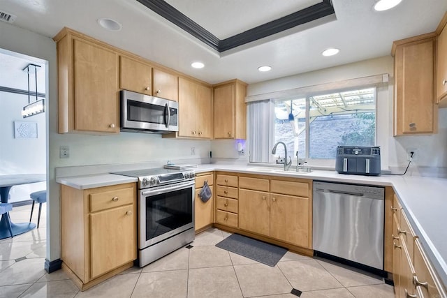 kitchen with light brown cabinets, sink, ornamental molding, and stainless steel appliances