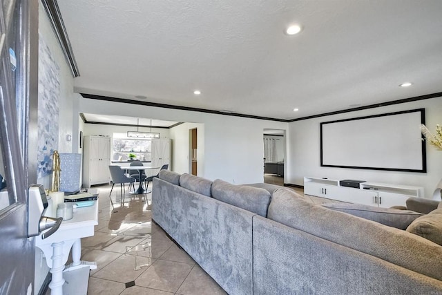 tiled cinema room with crown molding