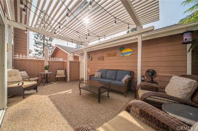 view of patio / terrace featuring a pergola and outdoor lounge area