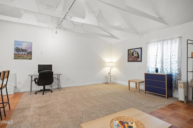 office area with vaulted ceiling with beams, carpet floors, and rail lighting