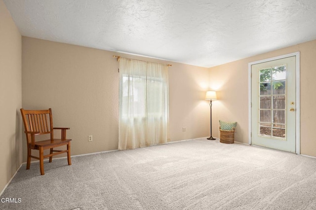 sitting room with carpet flooring and a textured ceiling