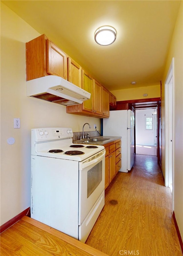 kitchen with white appliances, sink, and light hardwood / wood-style flooring