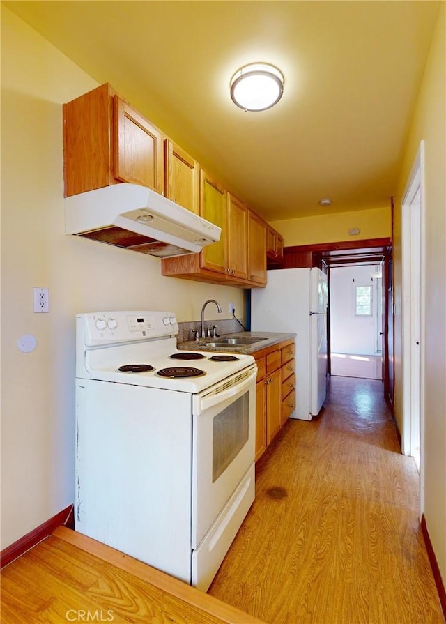 2049 Argyle Ave, Los Angeles, CA 90068 - kitchen featuring white appliances, under cabinet range hood, light wood-type flooring, and light countertops