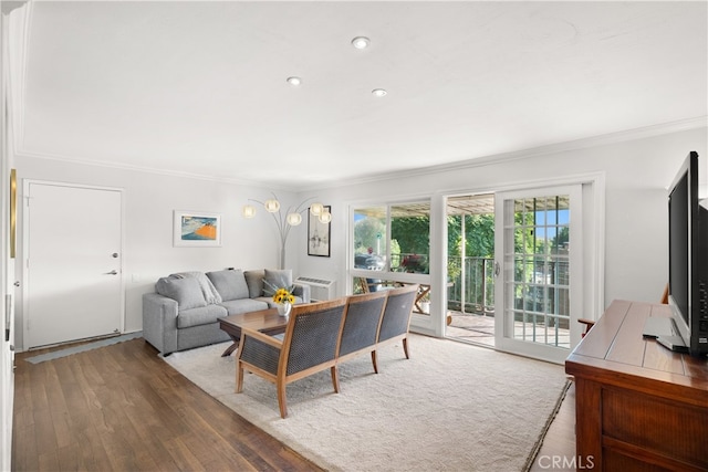 living room featuring dark hardwood / wood-style flooring and crown molding