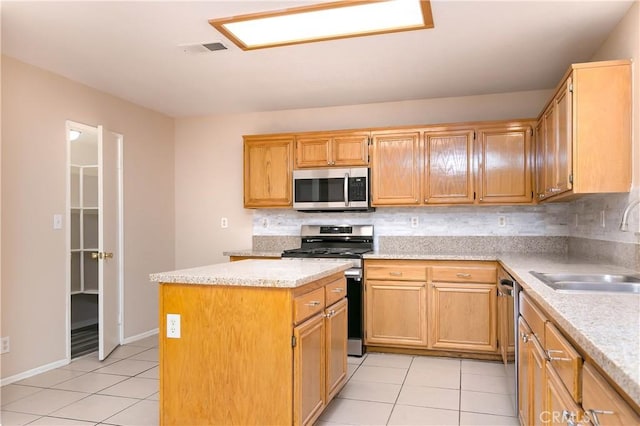 kitchen featuring decorative backsplash, sink, a center island, and appliances with stainless steel finishes