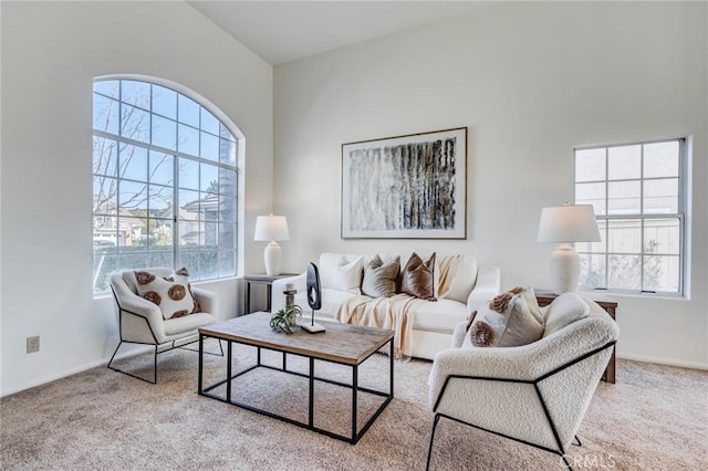 living room with carpet, baseboards, and a wealth of natural light