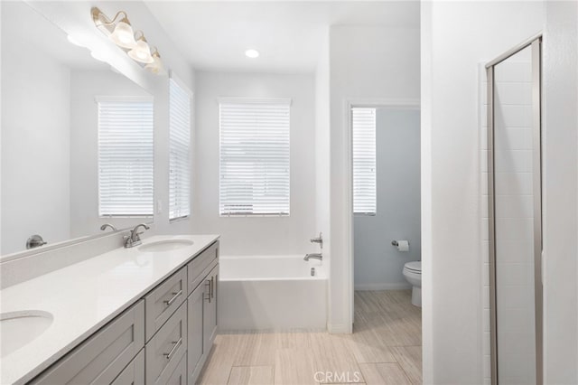 bathroom with a washtub, vanity, and toilet