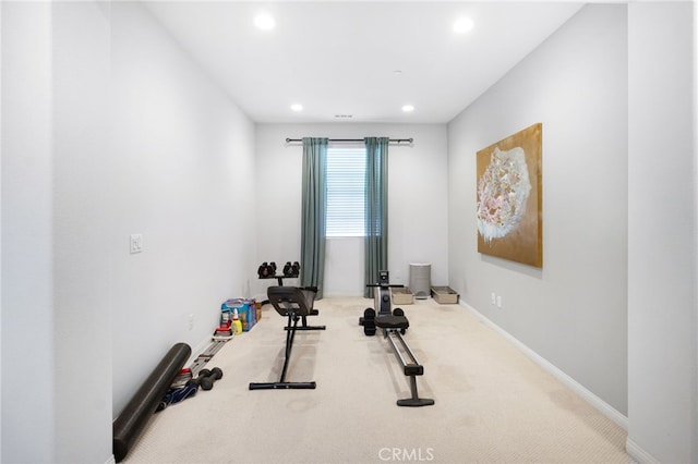 workout area with carpet floors