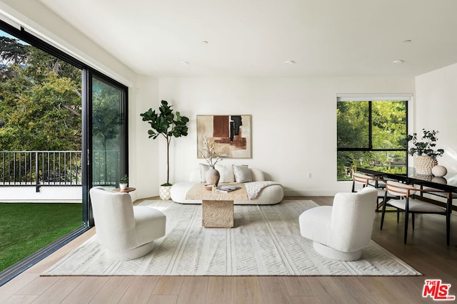 living area with hardwood / wood-style flooring and a healthy amount of sunlight