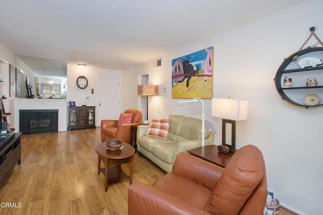 living room featuring light hardwood / wood-style floors and a textured ceiling