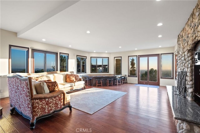 living room with a fireplace and hardwood / wood-style floors