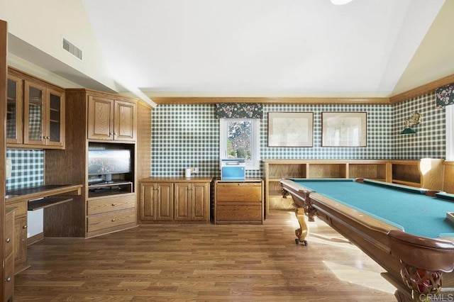 recreation room featuring dark hardwood / wood-style floors, vaulted ceiling, and pool table