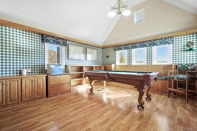 playroom with a notable chandelier, high vaulted ceiling, light hardwood / wood-style floors, and billiards