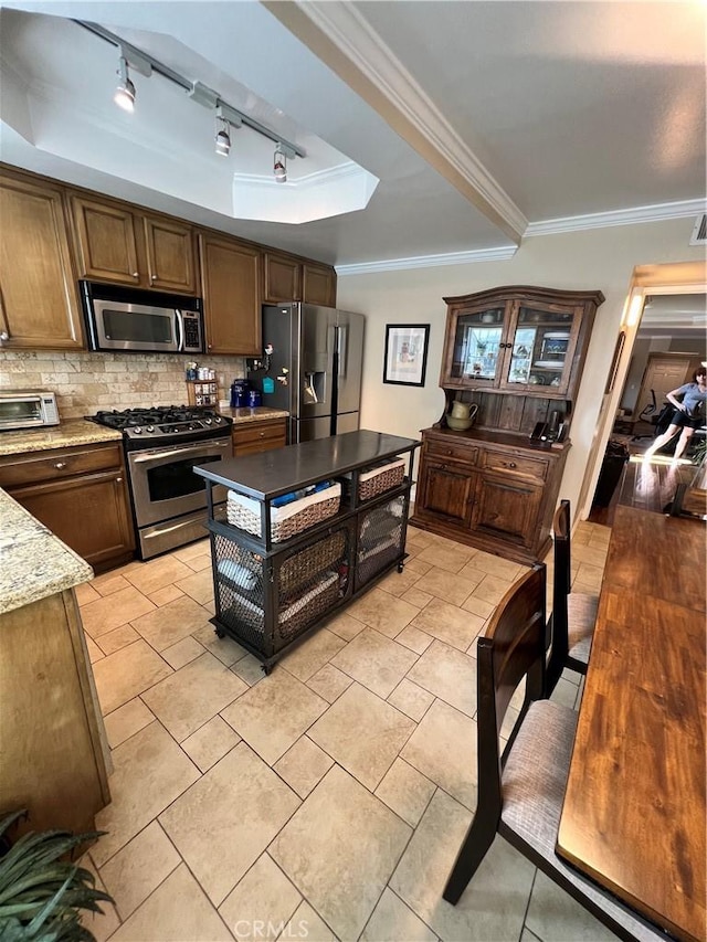 kitchen featuring rail lighting, appliances with stainless steel finishes, decorative backsplash, a tray ceiling, and light stone counters