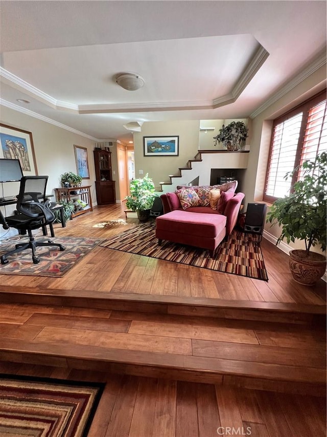 living room with hardwood / wood-style flooring, ornamental molding, and a raised ceiling