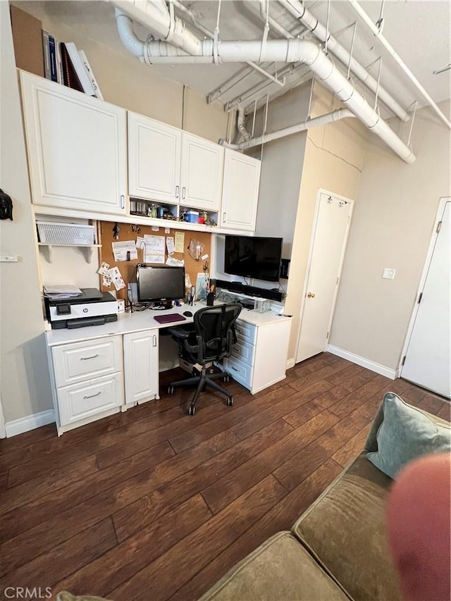 office featuring built in desk and dark hardwood / wood-style floors