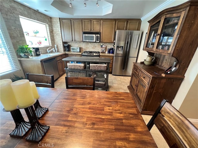 kitchen with backsplash, a raised ceiling, appliances with stainless steel finishes, ornamental molding, and light tile patterned floors