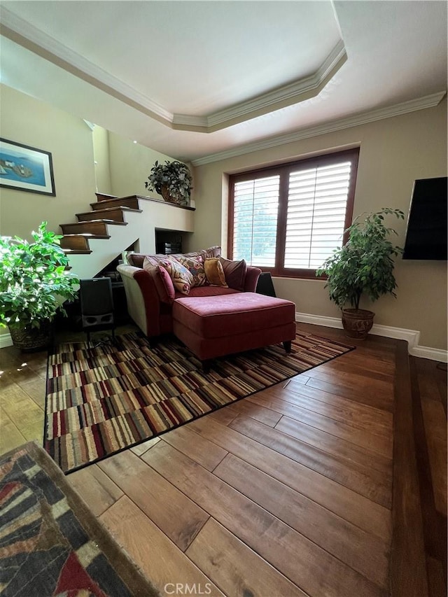 living room featuring a raised ceiling, wood-type flooring, and crown molding