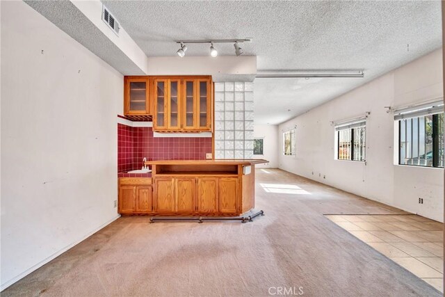 kitchen featuring sink, a textured ceiling, light carpet, and tile walls