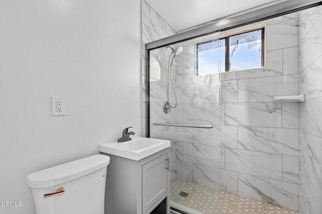 bathroom with vanity, toilet, and a shower with shower door