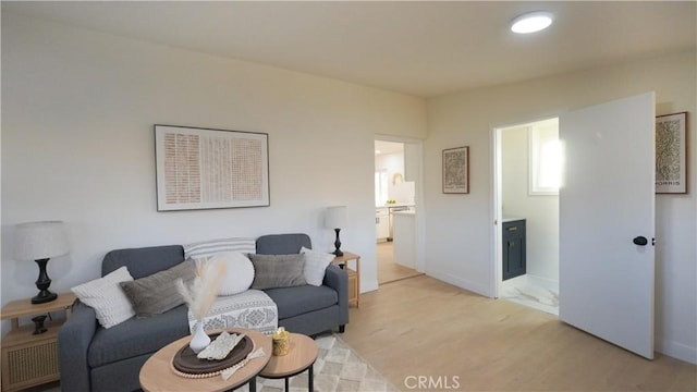 living room with light wood-type flooring and radiator heating unit