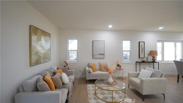 living room with a wealth of natural light and light hardwood / wood-style flooring