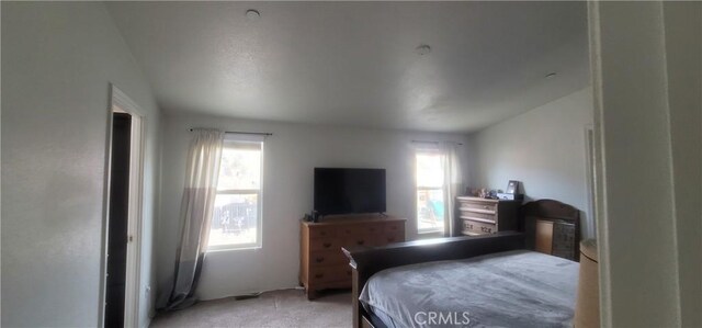 bedroom featuring light colored carpet and vaulted ceiling