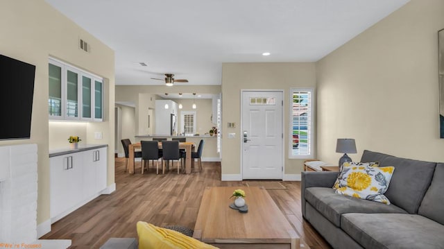 living room featuring ceiling fan and hardwood / wood-style flooring