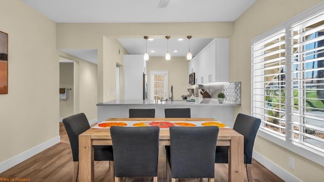 dining space featuring wood-type flooring