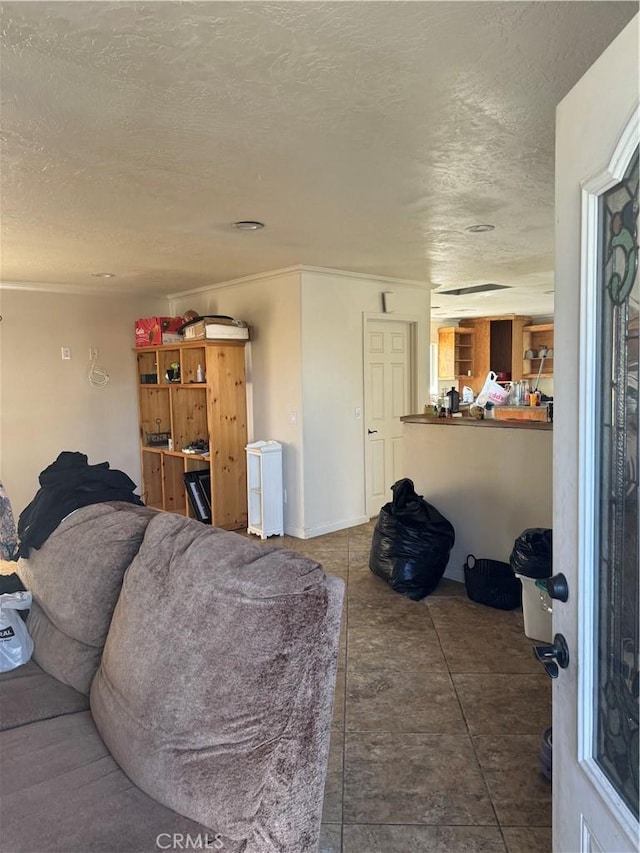 living room with a textured ceiling