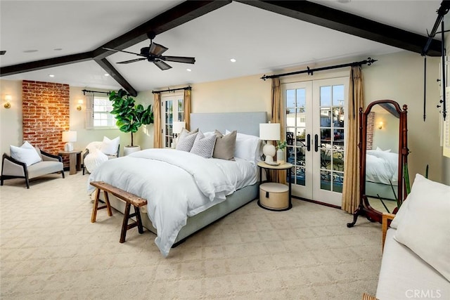 bedroom with beam ceiling, access to exterior, ceiling fan, and french doors