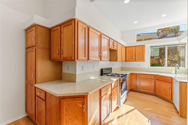 kitchen with dishwasher, light hardwood / wood-style flooring, sink, and stainless steel gas range