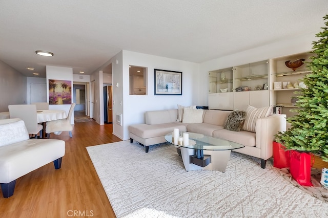 living room featuring light hardwood / wood-style flooring and a textured ceiling