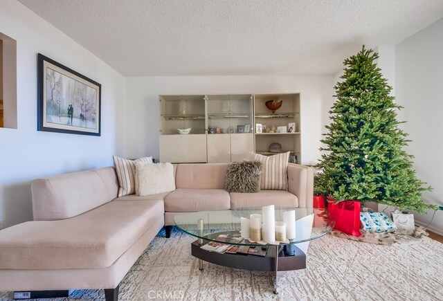 living room with a textured ceiling