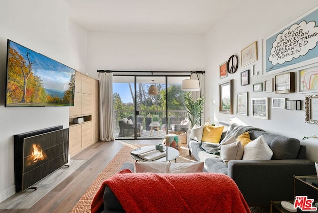 living room featuring a tiled fireplace and light hardwood / wood-style floors