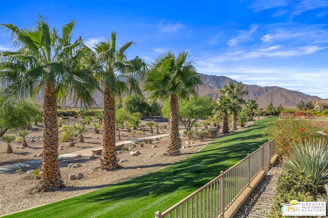 exterior space featuring a mountain view and a yard