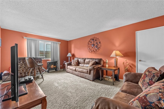 living room with carpet and a textured ceiling