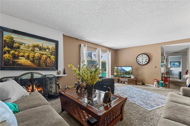 carpeted living room with a textured ceiling