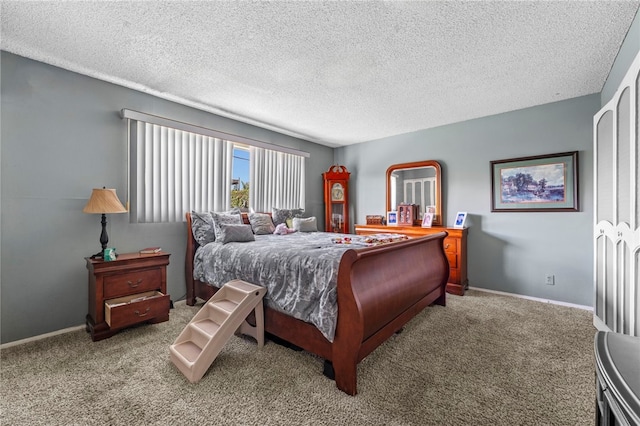 carpeted bedroom with a textured ceiling