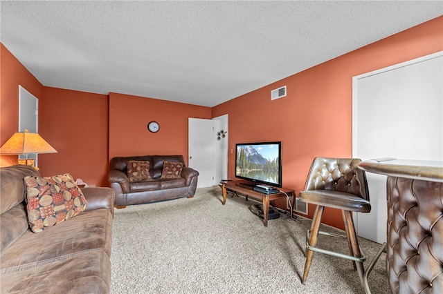 living room with carpet floors and a textured ceiling