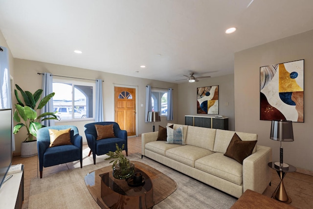 living room with ceiling fan