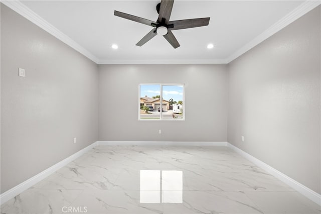 spare room with ceiling fan and crown molding