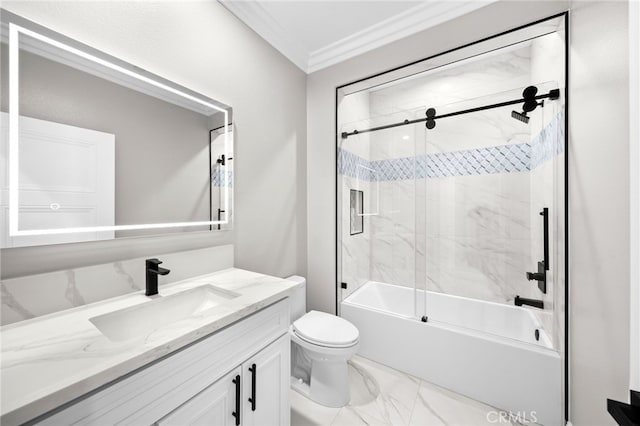 full bathroom featuring vanity, toilet, ornamental molding, and enclosed tub / shower combo