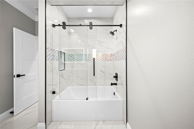 bathroom featuring crown molding and enclosed tub / shower combo