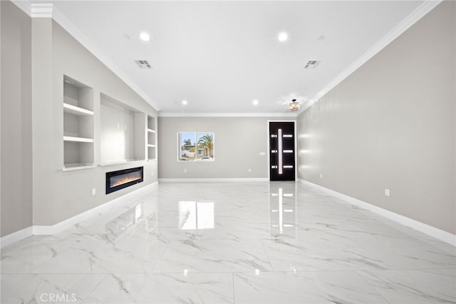 unfurnished living room with built in features and ornamental molding