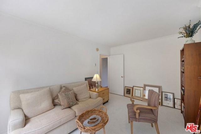 living room featuring light colored carpet and crown molding