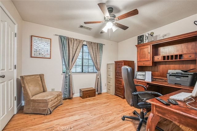 office area with ceiling fan and light hardwood / wood-style floors