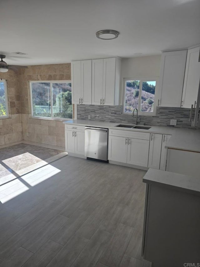 kitchen with backsplash, sink, white cabinets, and stainless steel dishwasher