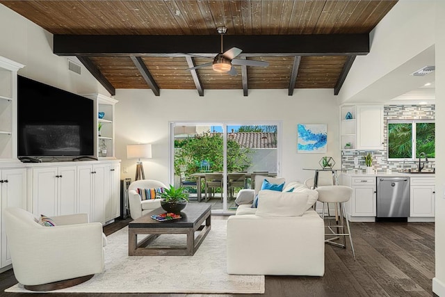 living room featuring dark wood-type flooring, ceiling fan, sink, and wood ceiling